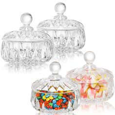 PRICES MAY VARY. Perfect Size: Package includes 4 pieces of glass candy dishes with lids. Each measures approx. 4.5" wide x 4.3" high (include the lid), holds about 8 ounces. The convenient size of the candy dish allows you to use it for candies, chocolate, cookies, nuts, sugar, trinkets and even jewels, adding a splash of adorable charm to any tabletop decor. Premium Glass with Brilliant Effects: Crafted of quality lead-free brilliant transparent thick glass, sturdy and easy to clean. The clear Office Candy Jar, Container For Food, Modern Dressing Room, Cookie Storage, Organization Kitchen, Storing Cookies, Cute Candy, Glass Food Storage, Candy Jar