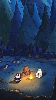 two cartoon bears sitting around a campfire