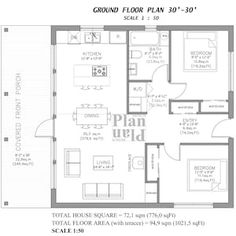 the ground plan for a two bedroom apartment with an attached kitchen and living room area