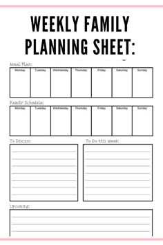 a family planning sheet with the words, weekly family planning sheet in black and white