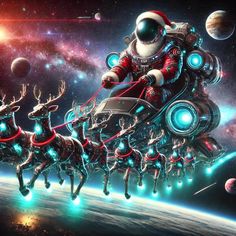 santa's sleigh with reindeers in space