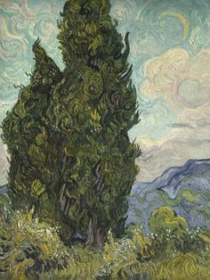 a painting of a tree in the middle of a field with mountains and clouds behind it