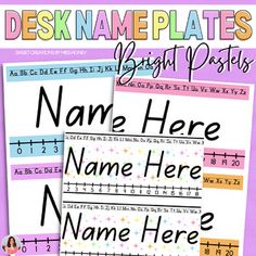 three different printable name plates with numbers and letters on the same page, one for each