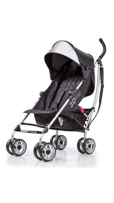 the stroller is black and silver with wheels