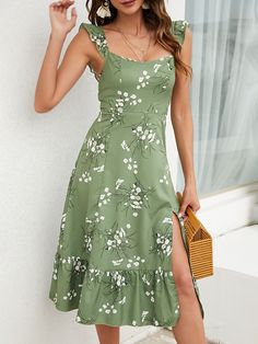 Army Green Boho  Sleeveless Polyester Floral A Line Embellished Non-Stretch Summer Women Dresses Yellow Floral Print Dress, Shein Brasil, Maxi Outfits, Ditsy Floral Dress, Shein Dress, Short Dresses Casual, Vestido Casual, Floral Dress Summer, Women Dresses