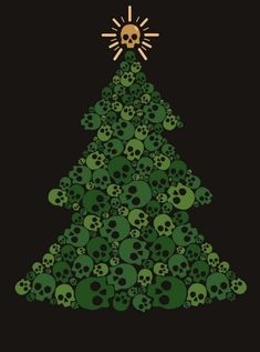 a christmas tree made out of skulls with a skull on top and sun above it