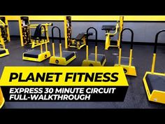 a yellow and black gym equipment set up in a room with the words planet fitness express 30 minute circuit full - walk through