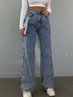 Unique Jeans For Women, Rhinestone Denim Pants, Rhinestone Jeans Outfit, Fancy Jeans, Y2k 90s Fashion, Glitter Jeans, Bedazzled Jeans, Trajes Country, Rhinestone Jeans