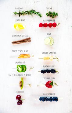 an array of different fruits and vegetables on skewers with the names of them