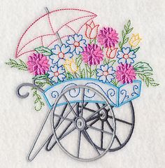 the embroidery design shows an umbrella and flowers in a wagon with wheels, which are attached to