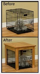 two pictures of a dog in a cage on the floor