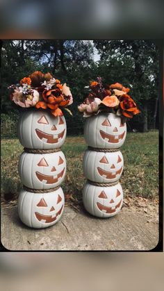 three pumpkin shaped vases with flowers in them