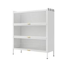 a white cabinet with three shelves and two doors on each side, in front of a white background