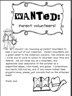 a page from the children's book wanted parent volunteers, which is written in black and white