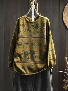 Details: Item: Babakud Women Autumn Retro Cotton Printed Pullover Sweater Fabric: Cotton Knit Collar: Round Neck Sleeve Length: Long Sleeves Pattern: Floral Color: Navy Blue, Khaki, Green, Red, Olive, Coffee Style: Retro, Casual, Loose Size Chart: Size One Size cm inch Bust 132 51.97 " Length 64 25.20 " Sleeve Length 41 16.14 " Shoulder Width 62 24.41 “ Cuff 22 8.66 " Patterned Long Sleeve Knitted Sweater, Patterned Knitted Long Sleeve Sweater, Knitted Long Sleeve Patterned Sweater, Green Knitted Winter Tops, Casual Knitted Long Sleeve Top, Casual Long Sleeve Knitted Top, Fall Knitted Tops With Crew Neck, Winter Crew Neck Knitted Top, Winter Knitted Crew Neck Top