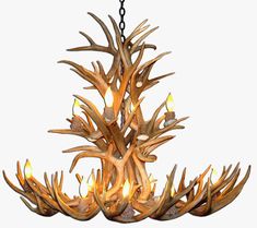 a chandelier with antlers hanging from it's center and two lights on each side