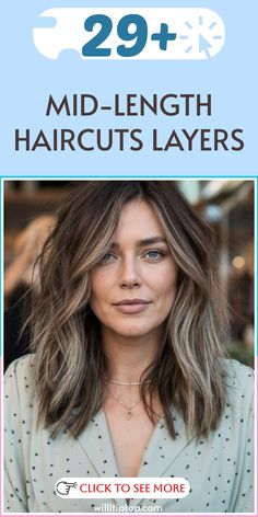 Enhance your hairdo with our chic mid-length haircuts showcasing layers! Layers bring dimension, fullness, and flow to your locks, resulting in a fashionable and versatile appearance. Whether you lean towards gentle layers for a delicate touch or bold layers for extra richness, our skilled hairstylists will design the ideal haircut tailored to you. Embrace the allure of layers and turn your mid-length hair into a work of contemporary sophistication! Med Length Brown Hair, Long Layers Haircut For Thick Hair Wavy Shoulder Length, Thick Haircuts Medium, Collar Bone Haircut Layered, Medium Length Hair With Layers Middle Part, Mid Length Haircut Layers, Layered Mid Length Haircut, Medium Long Length Haircut With Layers, Medium Length Mom Haircut