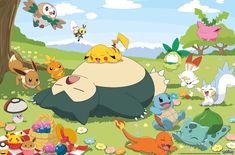 an image of many pokemon characters in the grass