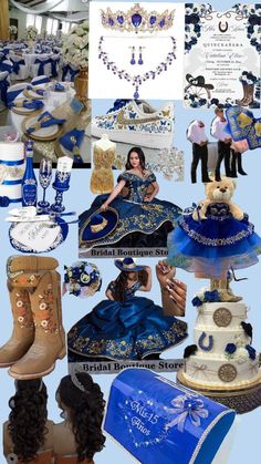 a collage of photos with blue and white items on them, including shoes, hats, scarves, necklaces, and cards