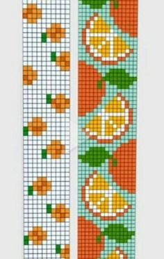 two cross stitch bookmarks with oranges and green leaves on the sides, one has a