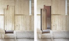 two identical images of an open door in a wooden room with tile flooring and walls