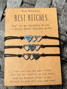 Our friendship bracelet set takes a whole new spin on friendship!  Perfect as a gift for you to share with your besties :) A special way for you to think of each other- even when you are apart. 💕 Material - Made of High-Quality Nylon Black Cord and heart charms 💕 Adjustable Size - The length is 4"-9", you can adjust the size through a sliding knot to fit even the largest or smallest of wrists Beautiful and adjustable, perfect for bitching about bitches! Personalized Friendship Bracelets For Birthday And Valentine's Day, Personalized Friendship Bracelet For Valentine's Birthday, Adjustable Novelty Jewelry For Best Friend Gift, Personalized Friendship Bracelet For Birthday Or Valentine's Day, Novelty Personalized Bracelets For Best Friend, Personalized Novelty Bracelets For Best Friend, Novelty Personalized Friendship Bracelets, Personalized Novelty Jewelry For Friendship, Cute Silver Friendship Bracelets As Gift