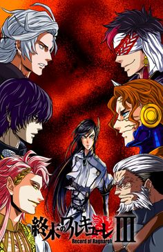 an anime poster with many different characters in the same group, including two men and one woman