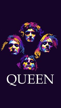 the band queen with their faces painted in different colors and font on a black background