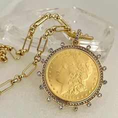 Vintage Coin Necklace-Gold Multi Link Chain Necklace-Gold Reproduction Coin Pendant-Cubic Zirconia Bezel Coin-Spring Lock Clasp coin necklace Peace Dollar, Hand Knotted Necklace, Gold Coin Necklace, Dollar Coin, Outfit Jeans, Gold Coin, Gold Necklace Designs, Coin Jewelry, Coin Necklace