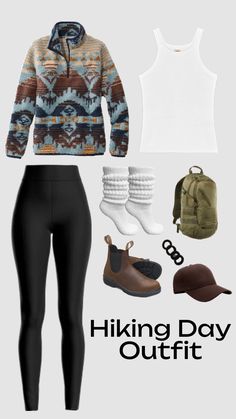 a woman's outfit and hat with the words hiking day outfit written below it