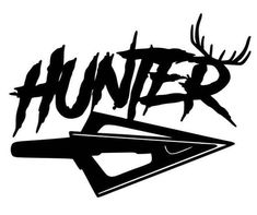 the word hunter written in black and white with some deer antlers on top of it