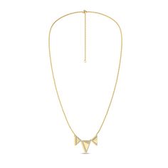 This Pyramid Trois Pendant Necklace features three pyramid motifs arranged in a horizontal line, creating a striking focal point. Each pyramid boasts an equilateral triangle base, connected at the base for a symmetrical and balanced appearance. The central pyramid is slightly larger than the two flanking it, enhancing the visual appeal and adding a sophisticated touch. Adorned along the edges with stunning lab-grown diamonds, this pendant radiates elegance and catches the light with every moveme Modern Gold Jewelry With Trillion Cut, Modern Gold Trillion Cut Jewelry, Modern Trillion Cut Gold Jewelry, Gold Triangle Jewelry For Formal Occasions, Elegant Triangle Yellow Gold Necklace, Minimalist Triangle Jewelry For Formal Occasions, Elegant Gold Triangle Necklace, Elegant Triangle Yellow Gold Jewelry, Elegant Yellow Gold Triangle Jewelry