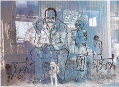 a drawing of a man standing next to a woman and two dogs on a city street