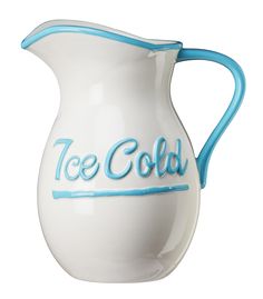 a white and blue pitcher with the word ice cold painted on it's side