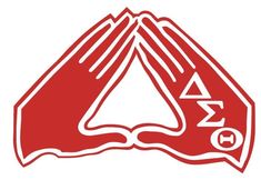 a red and white logo with two hands holding each other in the shape of a triangle