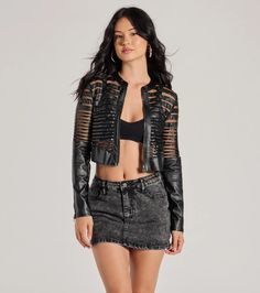 Step out in style in this mesh panel crop jacket— the perfect layering piece to elevate any look. This unique illusion stripes sheer panel design definitely creates an eye-catching look and layers seamlessly with bodycon dresses or chic mini-skirt outfits. The lightweight fabric is a quick and easy piece to drape over your shoulders for a dramatic look or worn on top of a sleek jumpsuit ensemble for date night or a stylish happy hour soiree. Fit & FeaturesCrew necklineLong sleevesIllusion st Edgy Spring Club Outerwear, Spring Black Sheer Outerwear, Fitted Outerwear With Sheer Sleeves, Spring Fitted Outerwear With Sheer Sleeves, Fitted Spring Outerwear With Sheer Sleeves, Sheer Outerwear For Spring Party, Spring Sheer Party Outerwear, Spring Party Sheer Outerwear, Spring Party Outerwear With Sheer Sleeves