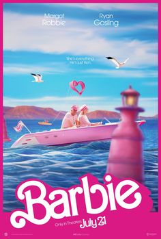 the movie poster for barbie is shown with two people on a boat in the water