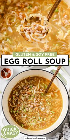 an egg roll soup in a white bowl with chopsticks on top and the title overlay reads gluten & soy free egg roll soup