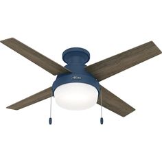 a blue ceiling fan with a light on it's side and two blades in the middle