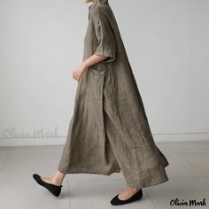 Olivia Mark - Cotton Linen Dress with Pure Color, Vintage Short Sleeves, Pockets, Loose Fit and Knee-length Long Linen Dress, Linen Fashion, Loose Maxi Dress, Cotton Linen Dresses, Long Midi Dress, Maxi Robes, Loose Dress, Vintage Shorts, Linen Dresses