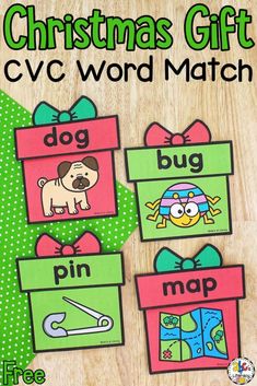 the christmas gift cvc word match is shown on a wooden table with green polka dots