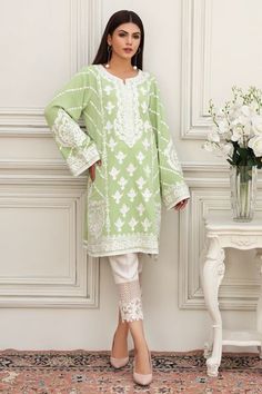 Show details for Pistachio Myth Georgette Shirt, Kashmiri Embroidery, Pistachio Green, Pakistani Dress Design, Pakistani Outfits, Chiffon Shirt, White Pants, Green Fabric, Pakistani Dresses