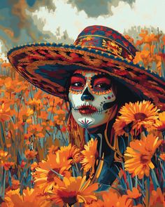 a painting of a woman in a mexican hat and sunflowers