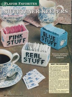 an advertisement for some type of needle - knitted coasters with the words sweetener keepers written on them