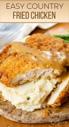 country fried chicken over mashed potatoes, topped with a brown gravy. Fried Chicken Breast Recipe, Country Fried Chicken, Fried Chicken Breast, Homemade Gravy, Chicken Fried Steak