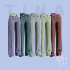 five different colored pants are lined up against a blue background