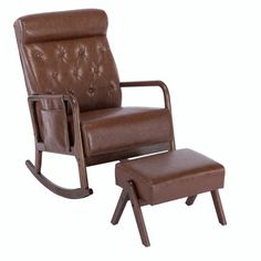 a brown leather rocking chair with footstool and ottoman in front of a white background