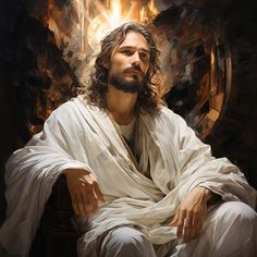 a painting of jesus sitting on a throne with his arms crossed and hands folded in front of him