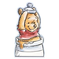 a winnie the pooh sticker sitting on top of a white box with a red scarf around it's neck