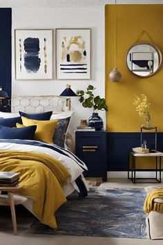 a bedroom with yellow and blue decor on the walls